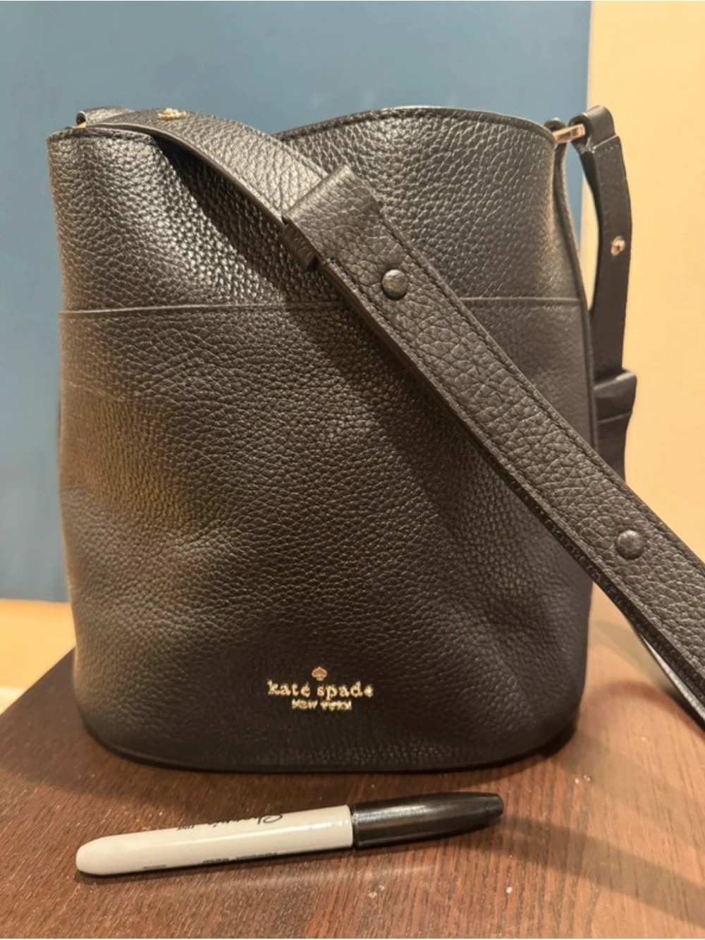 kate spade Black Pebbled Leather Crossbody Bucket Bag